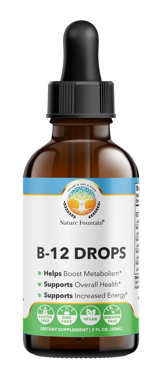 Nature Fountain Vitamin B12 liquid drops, a B-complex supplement that supports energy, helps boost Metabolism and supports overall wellness