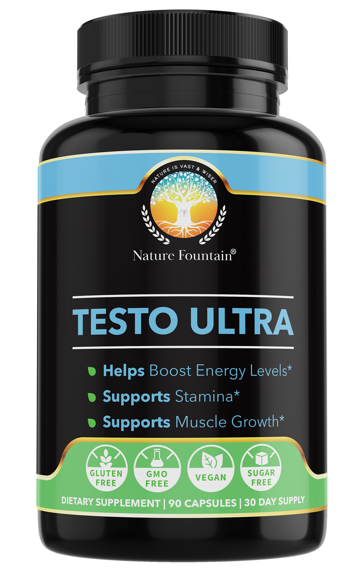 Nature Fountain Testo Ultra, 90 vegan capsules, 30-day supply, no Gluten, no Sugar, GMO free, to support energy, stamina, healthy testosterone levels and muscle growth 