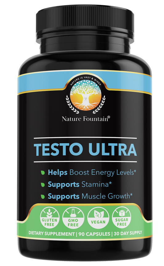 Nature Fountain Testo Ultra, a vitamin, mineral, and herbal supplement that supports energy, stamina, healthy testosterone levels and muscle growth